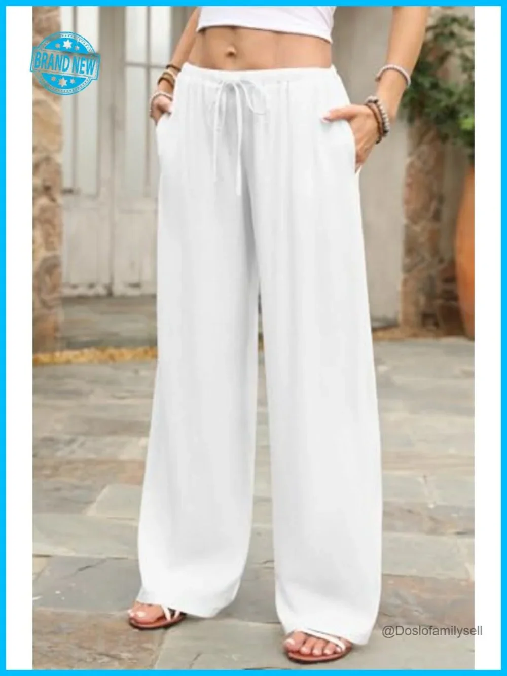 Low Rise Wide Leg Linen Blend Palazzo Pants with Pockets